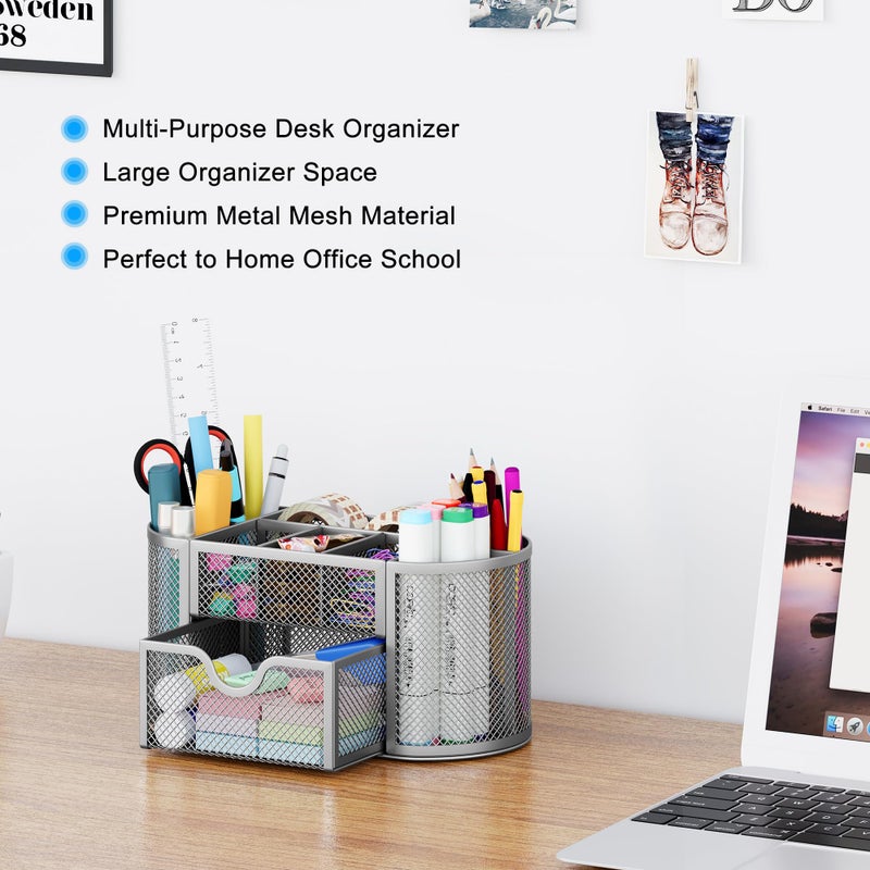 EasyPAG Mesh Pen Holder Desk Organizer with Drawer Stationery Supplies Organizer for Dorm School 9 Compartments Workspace Desk Accessories Organization for Office, Silver - Image 3
